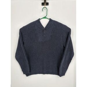 Eddie Bauer Vintage Sweater Men's Large Tall Navy Blue Cotton Rib Knit Henley LT